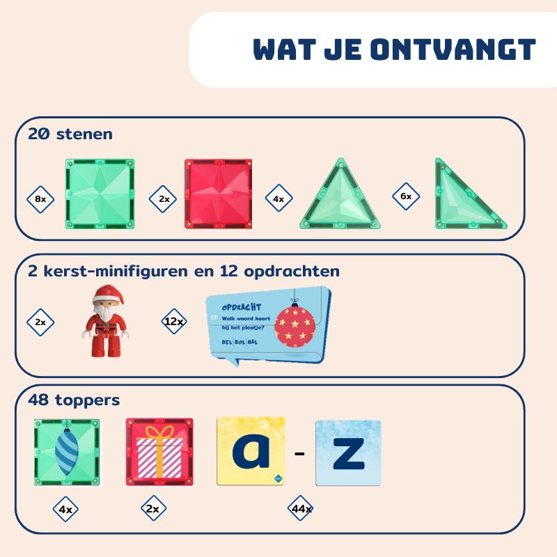 Inhoud adventkalender: 20 stenen, 2 kerstmannen, 12 opdrachten, 48 magneet toppers